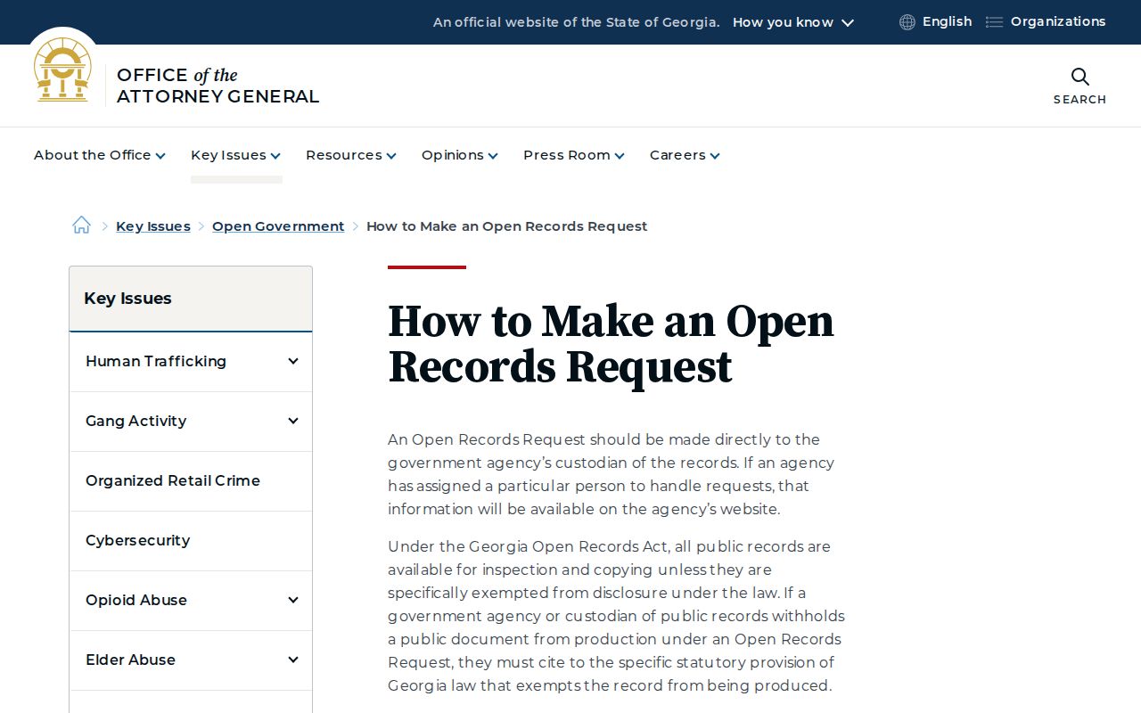 Georgia Attorney General guidance for making an open records request