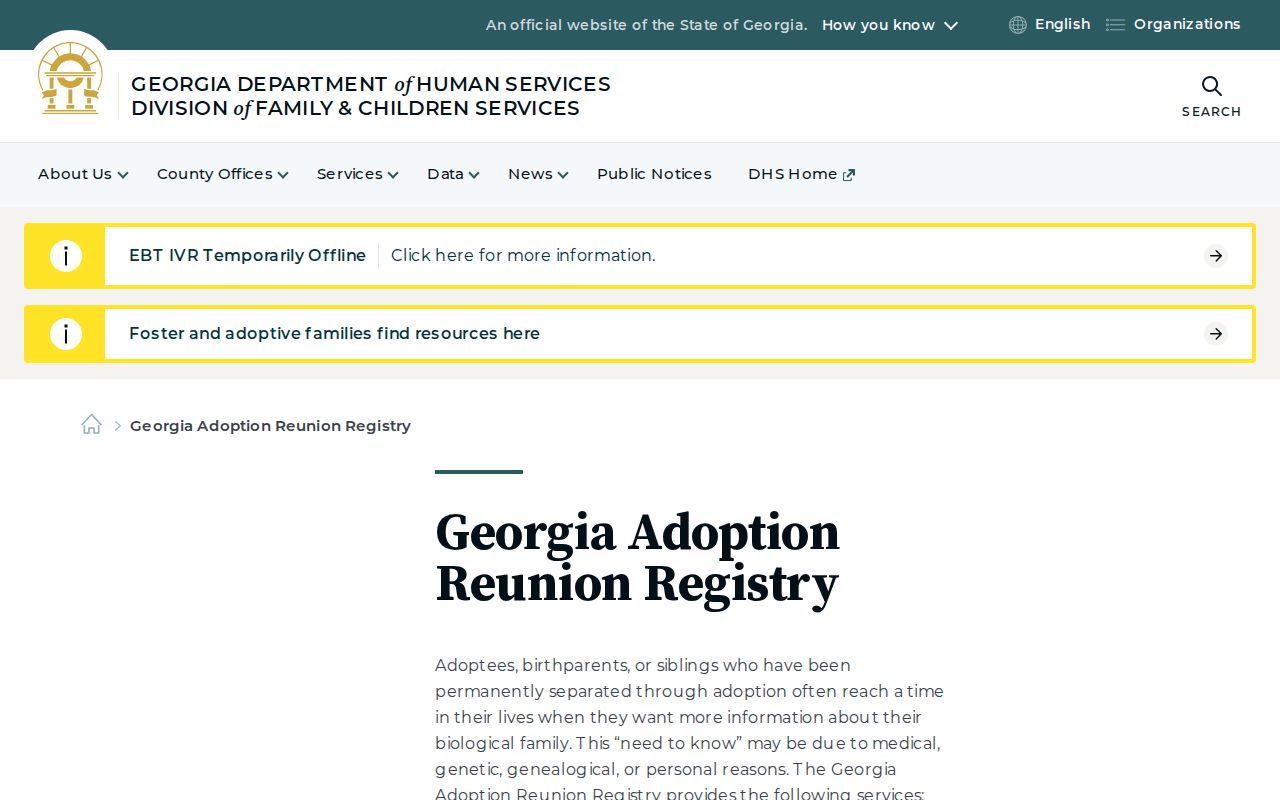 Georgia Adoption Reunion Registry information for lawful family reconnection
