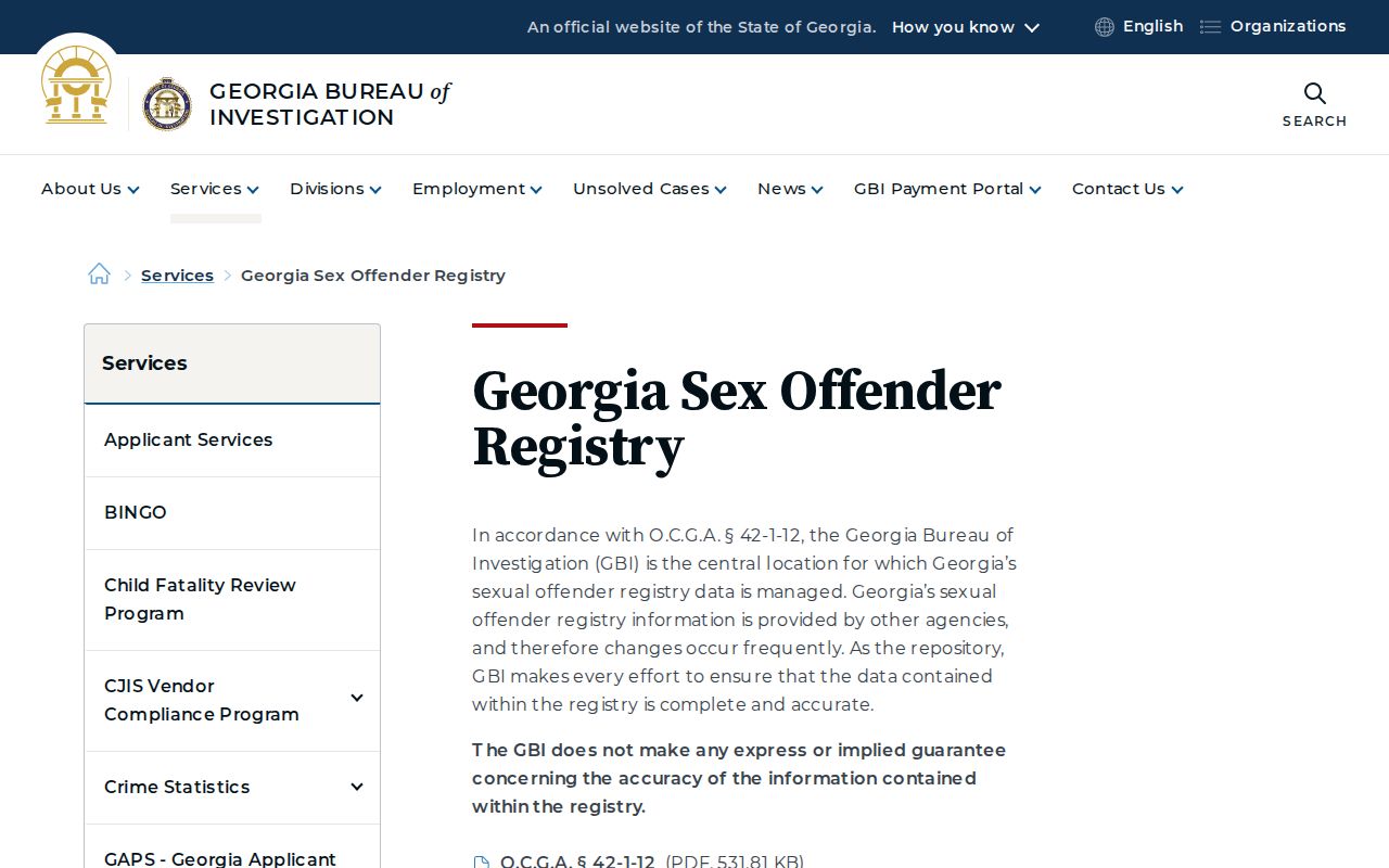 Georgia sex offender registry access page and official use warnings
