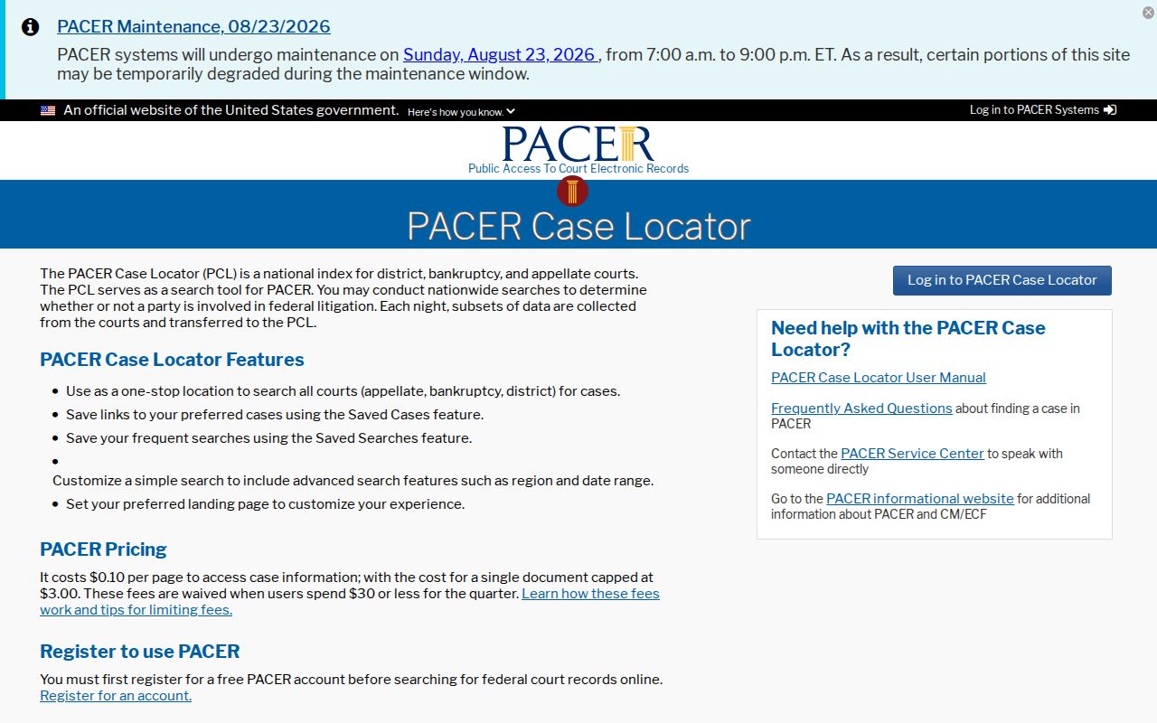 PACER Case Locator for federal name and case searches involving Fulton County