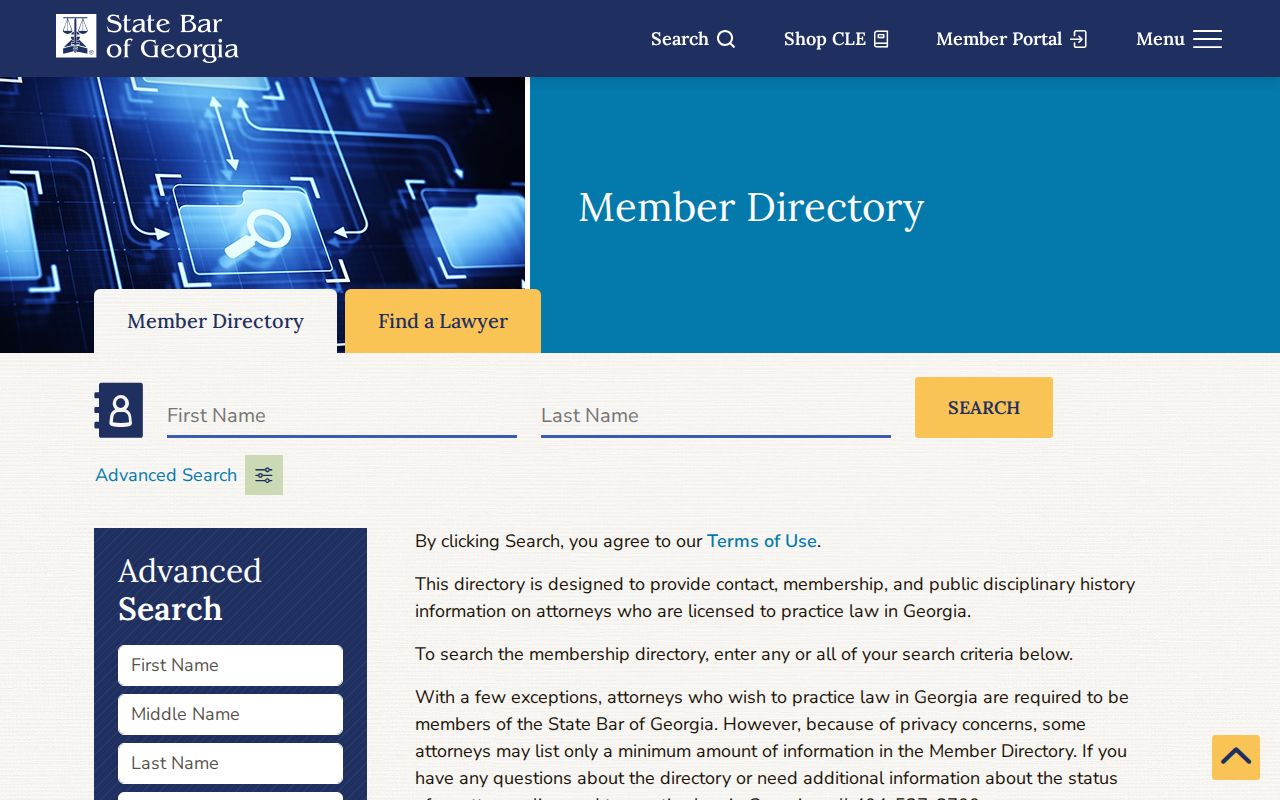 State Bar of Georgia member directory for checking a public lawyer credential